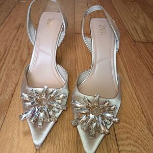 Zara Metallic Slingback Heels with Crystal Embellishments